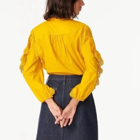 J. Crew Ruffle Sleeve Top Blouse Embroidered Eyelet Black Button Down - Picture 6 of 15